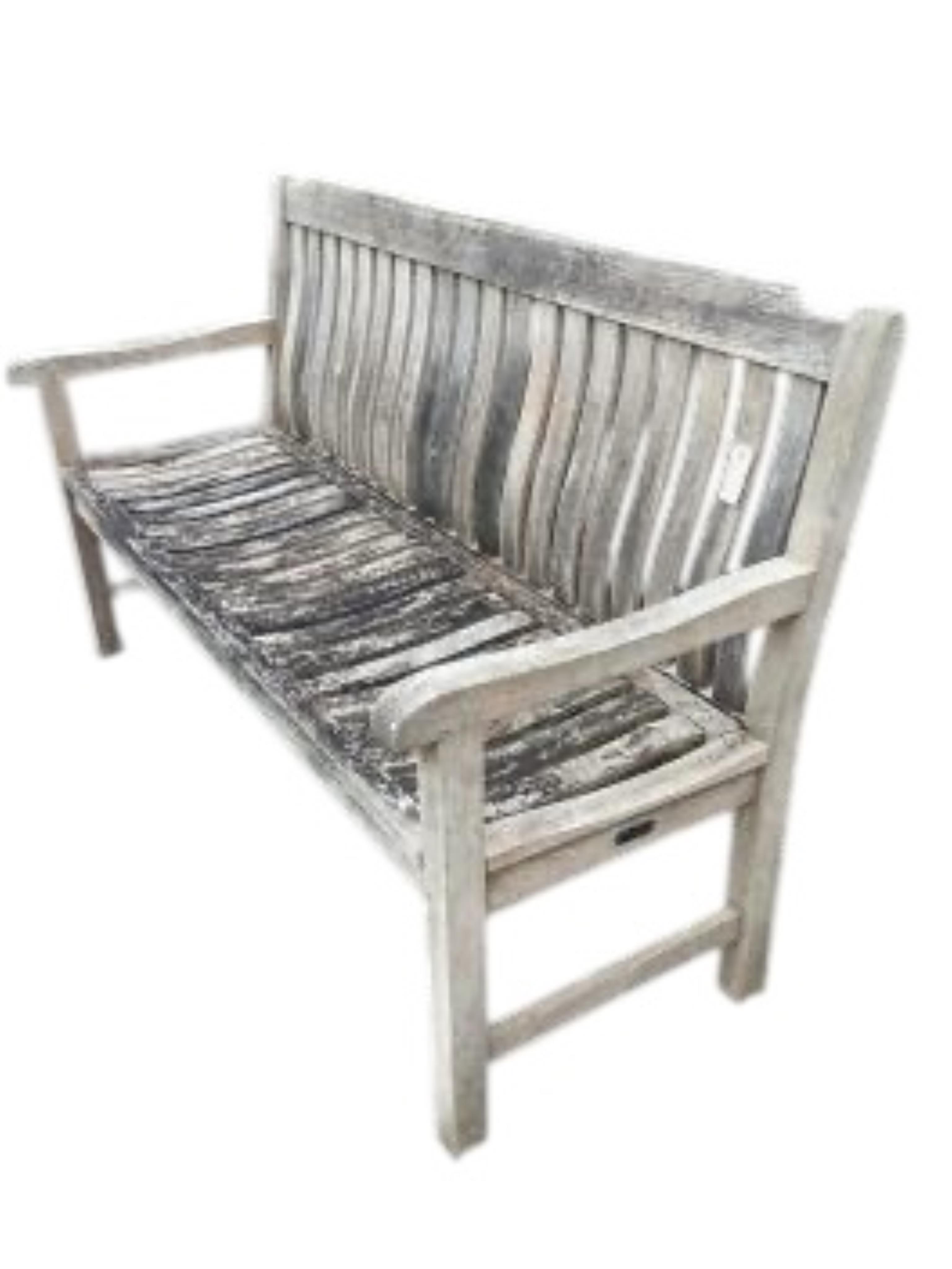 A weathered teak slatted garden bench by Neptune,width 154cm, depth 58cm, height 92cm